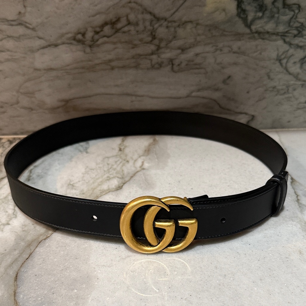 Gucci Black Leather Belt With Gold Gg Emblem Authentic Size 90cm/36in
